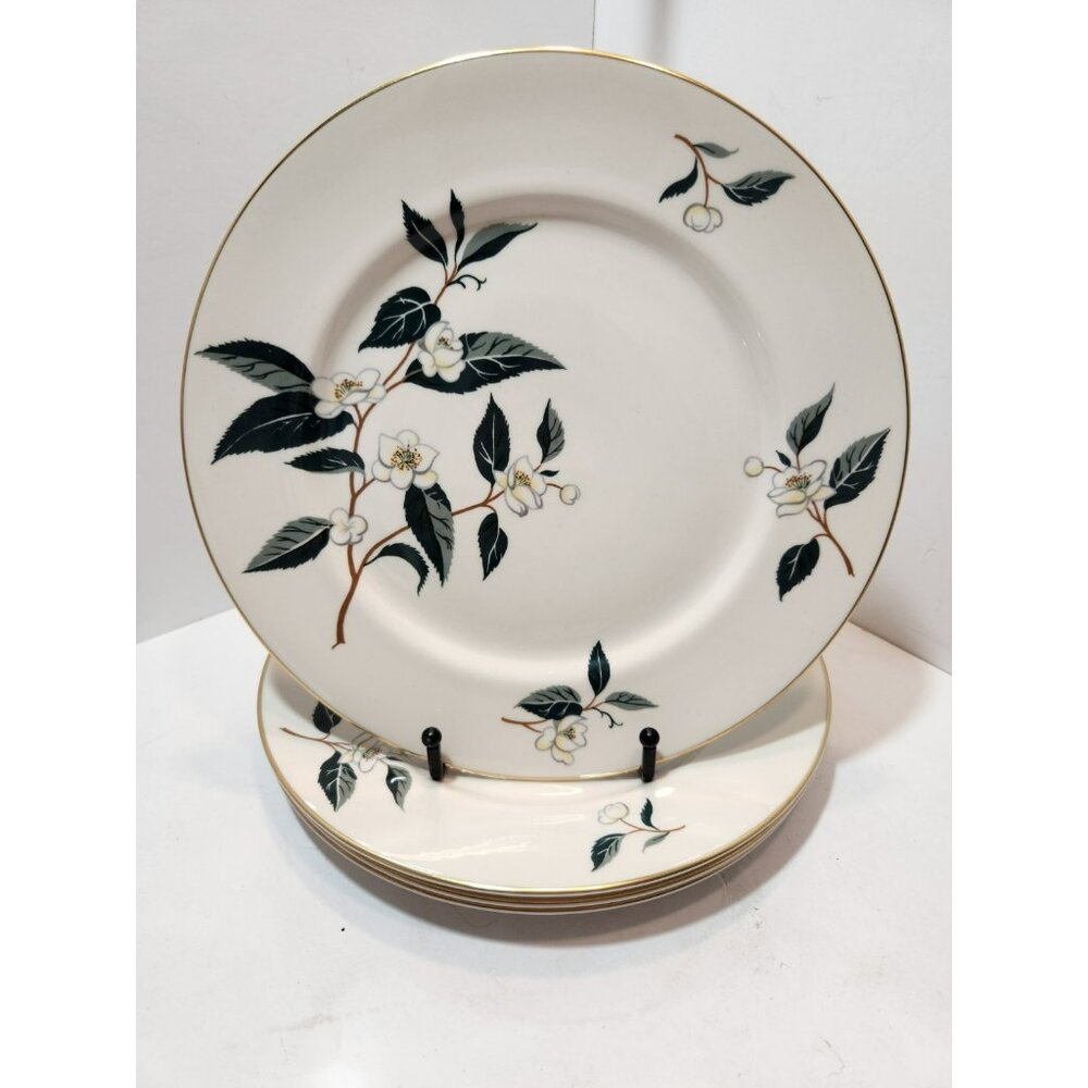 Vtg Flintridge China Tea Leaves Dinner Plates Set Of 4 Ivory Green Gold Trim